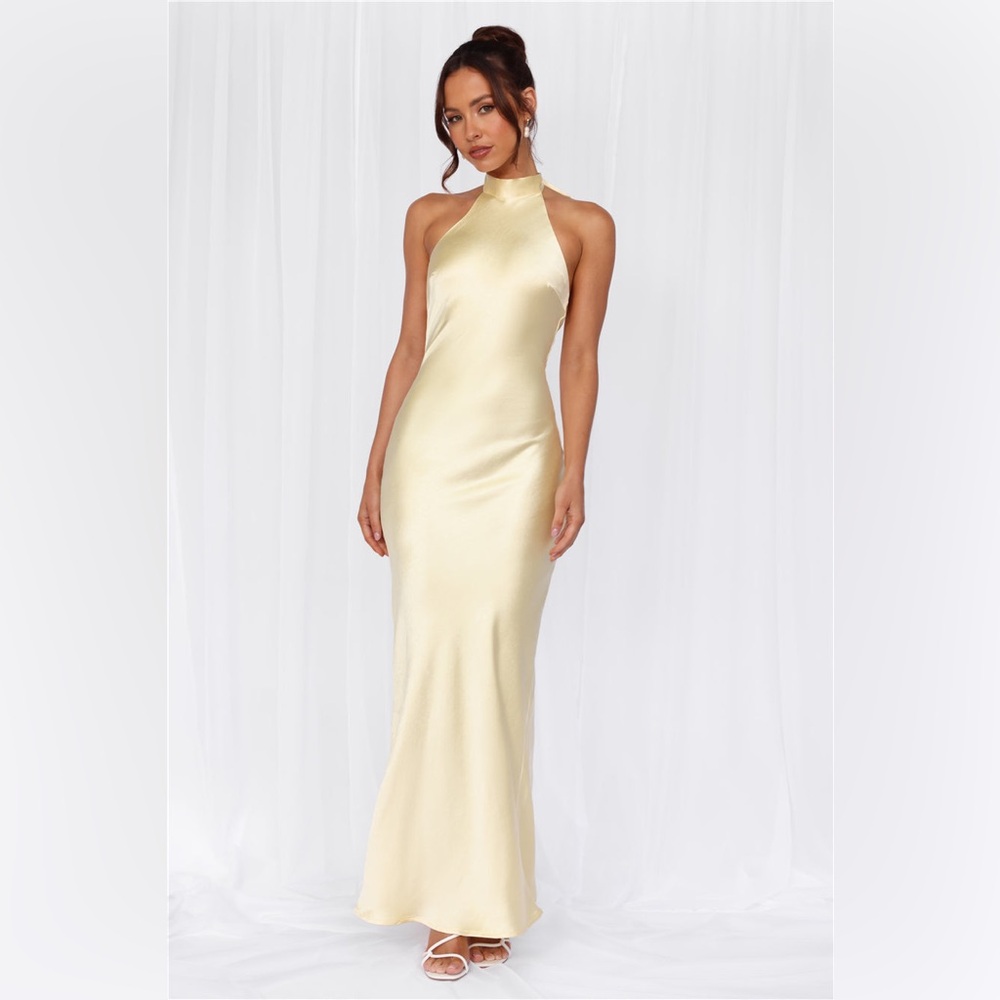 HELLO MOLLY THE CLEO HALTER
SATIN MAXI DRESS YELLOW SIZE LARGE 8 - Picture 2 of 8